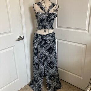 Monteau Black & White Bandana-Print Wide Leg Crop Top 2pc Set